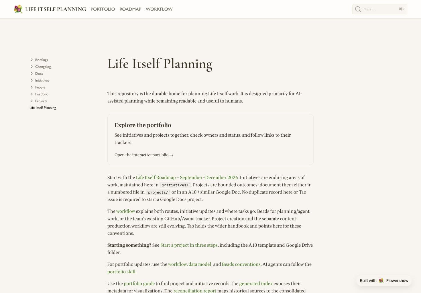 Life Itself Planning homepage with the portfolio card and simplified sidebar.