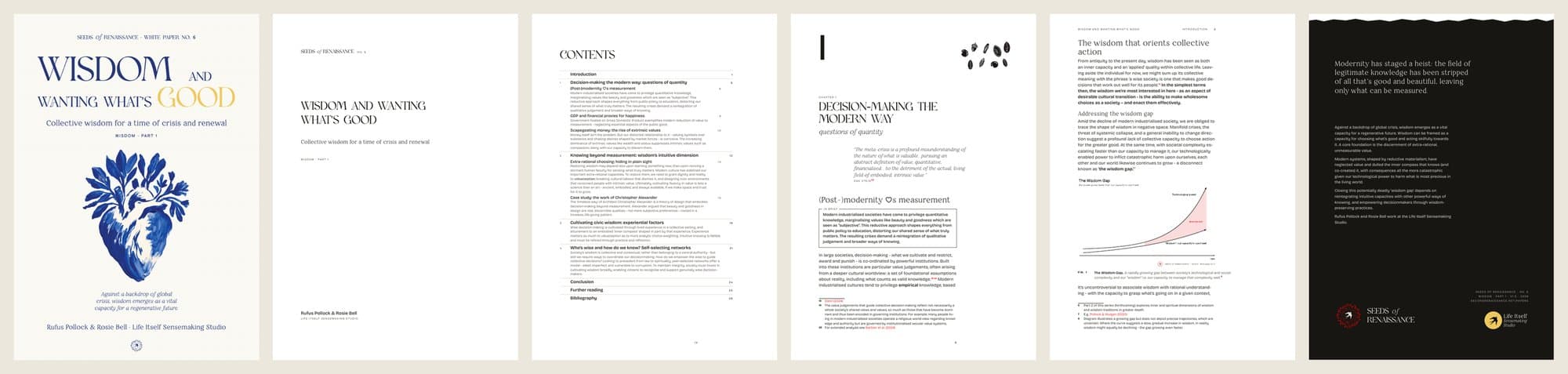 Pages from the Wisdom PDF: cover, title page, contents, a chapter opening, a figure page, back cover